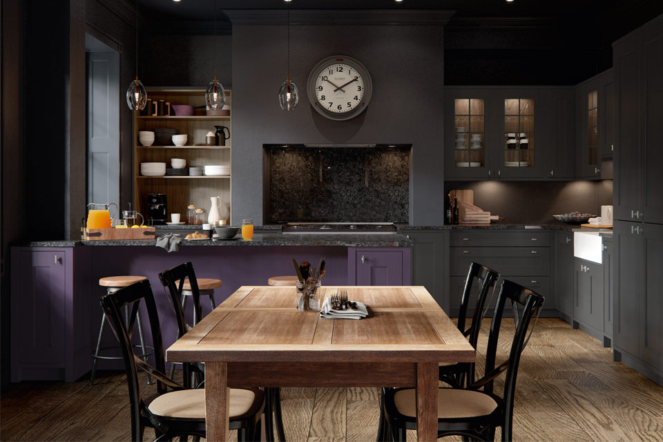 A dark purple kitchen